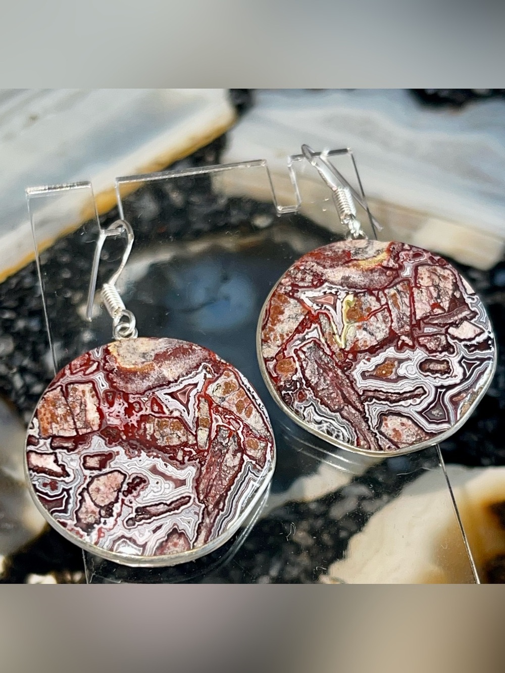 Quarter Size Laguna Lace Agate Earrings 1 7/8”